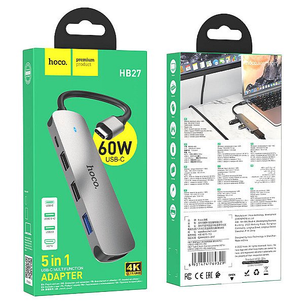 هاب تایپ سی 5 پورت هوکو Hoco Type-C hub HB27 HDTV + USB3.0 + USB2.0*2 + PD